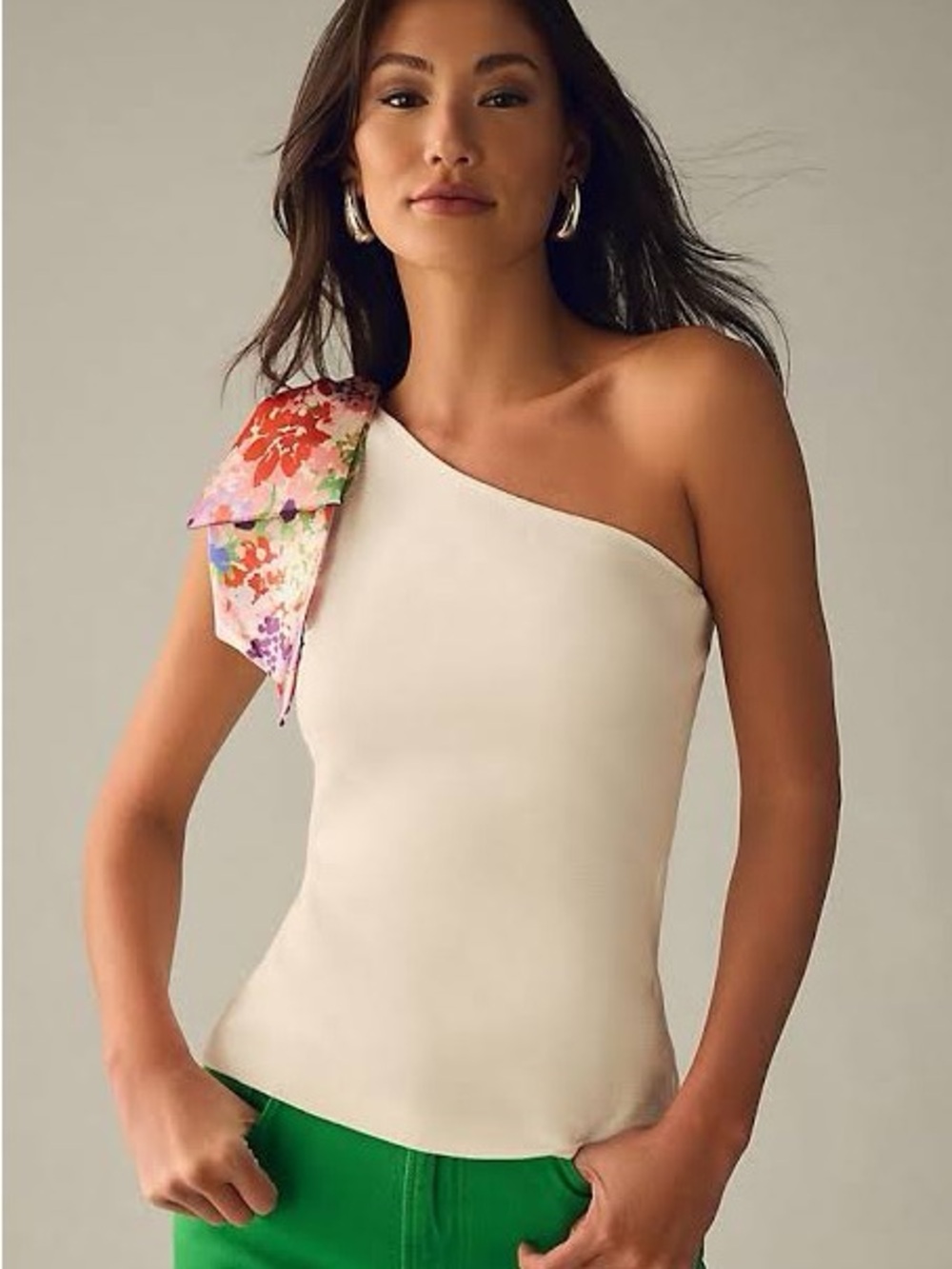 Maeve White One-Shoulder Tank with Floral Tie Accent